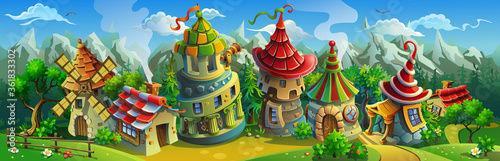 A big panorama of  fairytale village with colorful houses and a mill. Vector illustration for design.