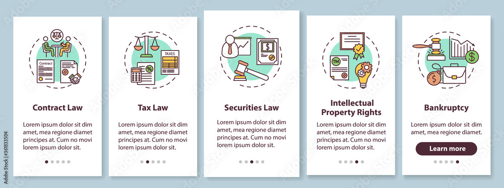 Corporate lawyer competencies onboarding mobile app page screen with concepts. Contract, tax law. Walkthrough 5 steps graphic instructions. UI vector template with RGB color illustrations