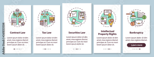 Corporate lawyer competencies onboarding mobile app page screen with concepts. Contract, tax law. Walkthrough 5 steps graphic instructions. UI vector template with RGB color illustrations