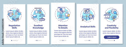 Corporate lawyer skills onboarding mobile app page screen with concepts. Negotiation and excellent knowledge. Walkthrough 5 steps graphic instructions. UI vector template with RGB color illustrations