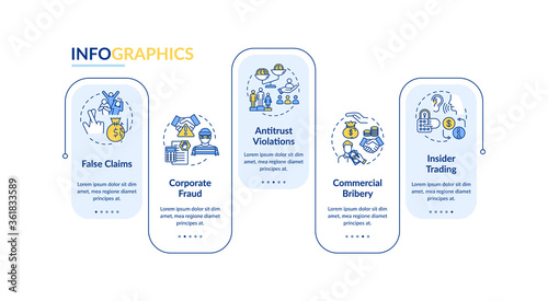 Organizational crimes vector infographic template. Corporate crime and fraud. Presentation design elements. Data visualization with 5 steps. Process timeline chart. Workflow layout with linear icons