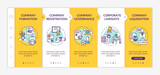 Company life cycle onboarding vector template. Corporation formation and liquidation. Corporate law. Responsive mobile website with icons. Webpage walkthrough step screens. RGB color concept