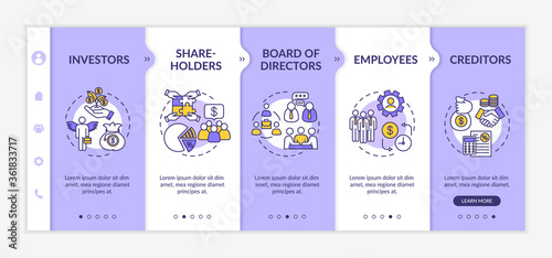 People involved in corporation onboarding vector template. Shareholders and investors. Employees.Responsive mobile website with icons. Webpage walkthrough step screens. RGB color concept