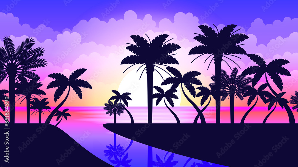 Abstract Ocean Sea Background Vector With Palm Trees Sunset And Clouds