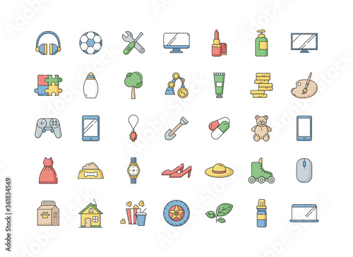 E commerce departments RGB color icons set. Electronic devices. Personal beauty and health care products. Children toys. Pet care food. Fashion and makeup. Sport gear. Isolated vector illustrations