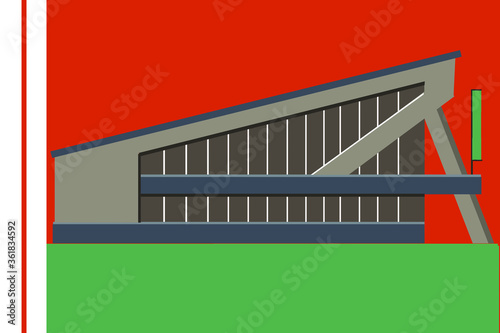 animated real estate block structure of Minsk arena sport palace on green with read background of Belarusian flag and white stripes on the left corner of image as symbol of oppression movement photo