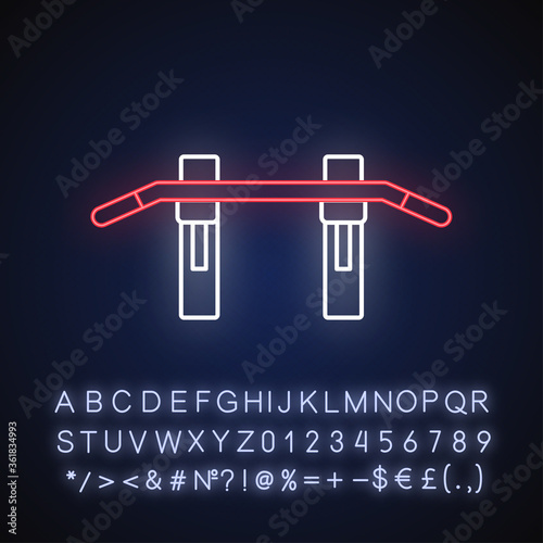 Pull up bar neon light icon. Outer glowing effect. Upper body workout, bodybuilding exercise sign with alphabet, numbers and symbols. Home gym equipment. Vector isolated RGB color illustration