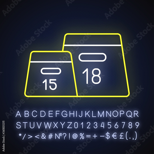 Plyometric box neon light icon. Outer glowing effect. Home gym equipment indoors sign with alphabet, numbers and symbols. Jumping boxes of different heights vector isolated RGB color illustration