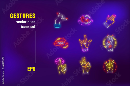 Gestures collection in neon style. Hand, lips, mouth and peace. Vector illustrations for bright bar banners. Expression and communication concept