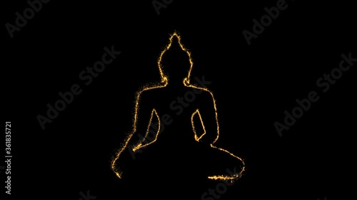 Sparkling golden particles creating meditating Buddha. Beautiful Buddha with glowing golden dust background.