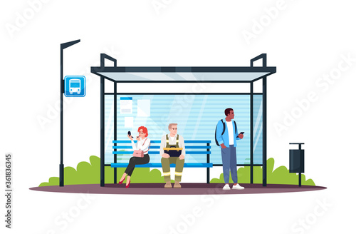 People sitting at bus station semi flat RGB color vector illustration. Passengers waiting for a public transport. Commuting and traveling. Isolated cartoon characters on white background