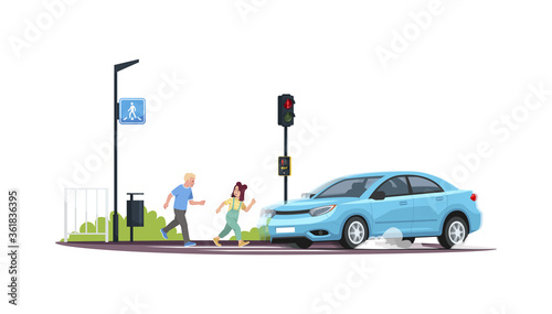 Children crossing at red light semi flat RGB color vector illustration. Kids running crosswalk while a car is coming. Breaking safety rules. Isolated cartoon character on white background