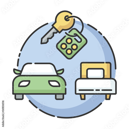 Package tour RGB color icon. Budget tourism, car rental. Tourist agency service, carsharing. Holiday road trip. Automobiles and keys isolated vector illustration
