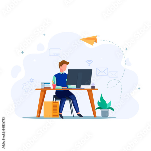 Student do online education, hear to the tutor in the computer laptop. e-learning concept. Business worker work from home. Male with computer illustration concept. Vector