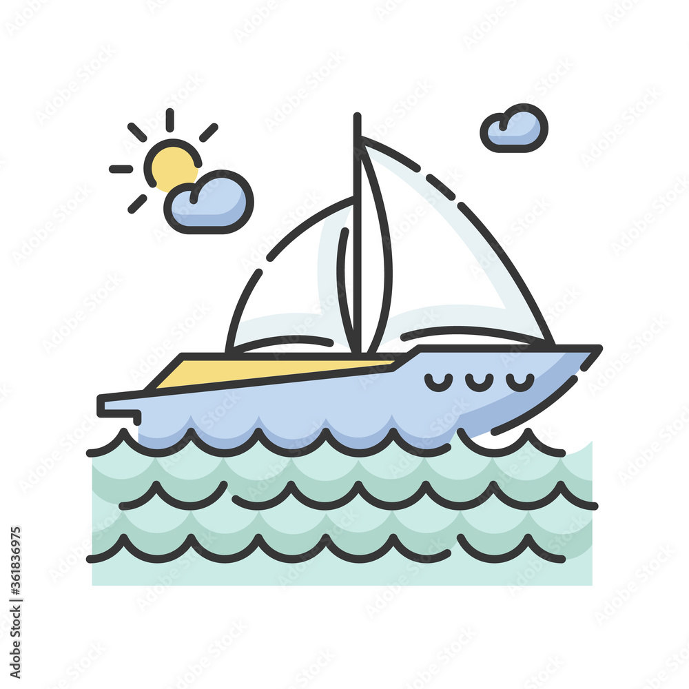 Fototapeta premium Yachting RGB color icon. Luxurious recreation, nautical tourism, sailing sport. Sea journey, romantic trip on pleasure boat. Sailboat isolated vector illustration