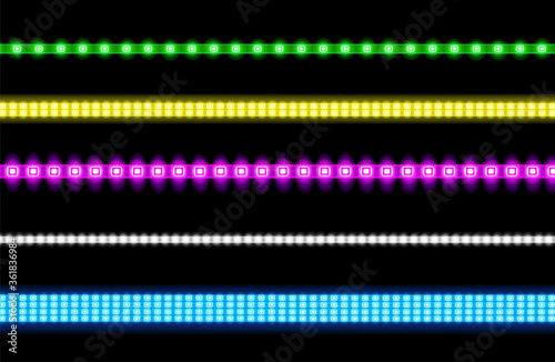 Led strips with neon glow effect isolated on transparent background. Vector realistic set of colored light stripes, glowing tape with pink, green, blue, yellow and white lamp and diode bulbes