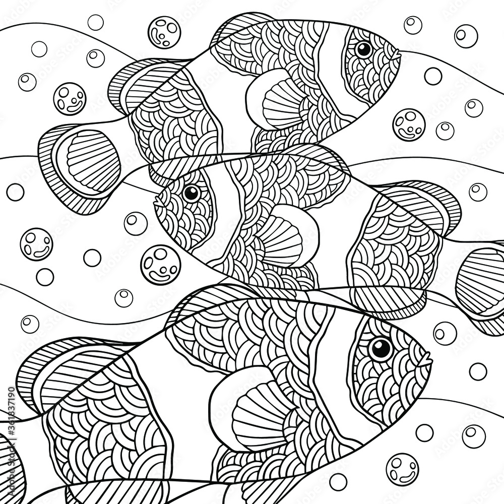 Coloring page. Clown fish are in the ocean. Fish with bubbles in the
