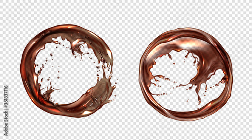 Circle splash of soda, cola or whiskey drinks, liquid brown round frames with drops. Alcohol beverage advertising or package design elements. Splashing and flowing border, realistic 3d vector clip art