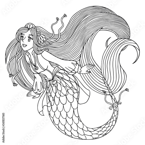 Beautiful mermaid with long hair in decorated dress swims. Vector outline illustration with doodle and zentadle elements for coloring book pages for adult, print. Line art for relaxing at home.