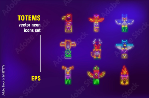 Totems collection in neon style. Illuminated animal, wing and bird. Vector illustrations for bright bar banners. Religion and animalism concept