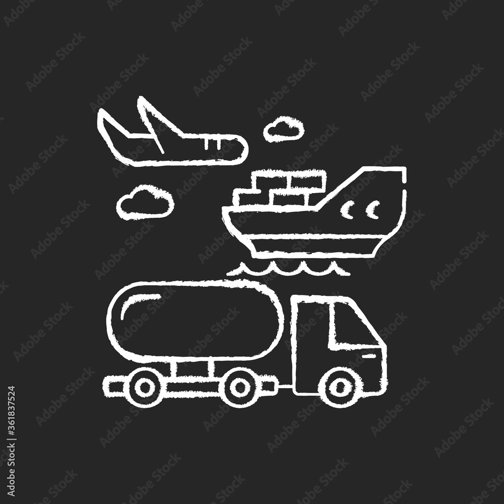 Shipping chalk white icon on black background. Freight transportation, delivery service. Commercial shipment, production distribution by sea, land and air. Isolated vector chalkboard illustration Shipping chalk white icon on black background. Freight transportation, delivery service. Commercial shipment, production distribution by sea, land and air. Isolated vector chalkboard illustration