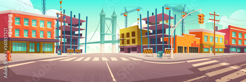 City street with construction site, building work and tower crane. Vector cartoon cityscape, urban landscape with houses, unfinished construction, road with crosswalk and overpass on background