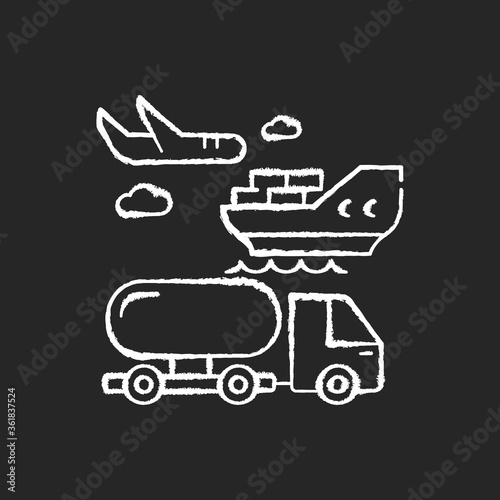Shipping chalk white icon on black background. Freight transportation, delivery service. Commercial shipment, production distribution by sea, land and air. Isolated vector chalkboard illustration
