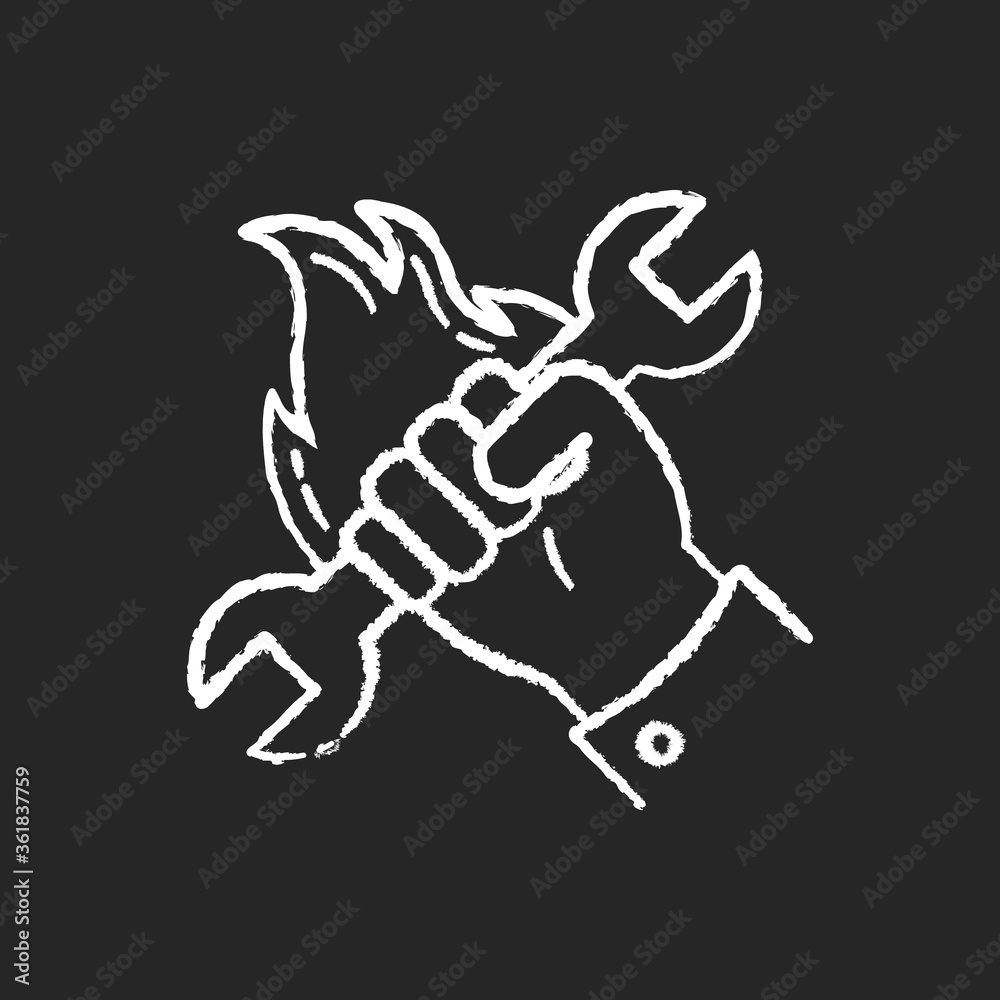 Human labor chalk white icon on black background. Manufacturing industry, working class, labour. Professional maintenance service. Hand holding spanner isolated vector chalkboard illustration Human labor chalk white icon on black background. Manufacturing industry, working class, labour. Professional maintenance service. Hand holding spanner isolated vector chalkboard illustration