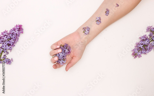 Concept of hand care, anti-wrinkle, anti-aging cream, Spa. Beautiful female hands with lilac flowers on a white background, top view.