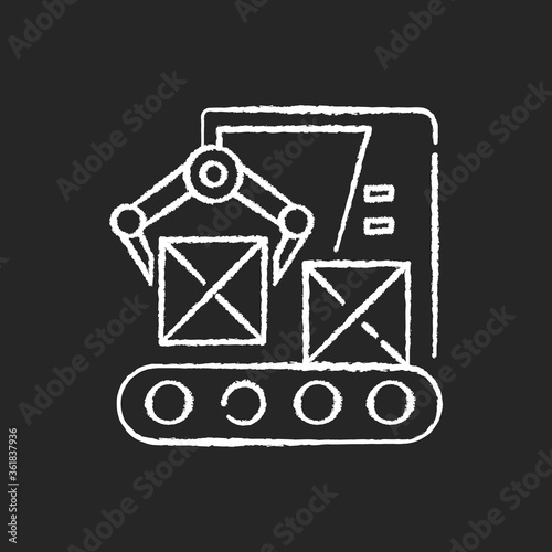 Production line chalk white icon on black background. Automated manufacturing process, modern industrial technology. Boxes on conveyor belt with robot arm isolated vector chalkboard illustrations