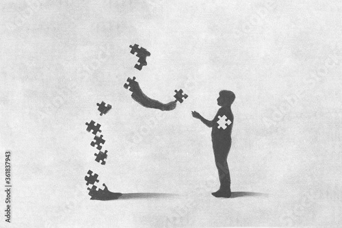 illustration of a man giving the missing puzzle to a child, sacrifice concept