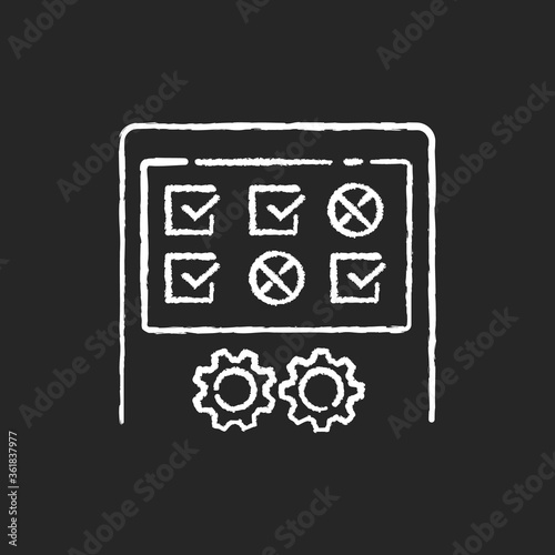 Production testing chalk white icon on black background. Post manufacturing process, product quality control. Quality evaluation, equipment examination. Isolated vector chalkboard illustration