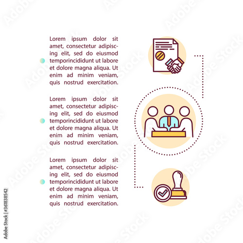 Corporate governance concept icon with text. PPT page vector template. Corporation control. Board and committee. Brochure, magazine, booklet design element with linear illustrations