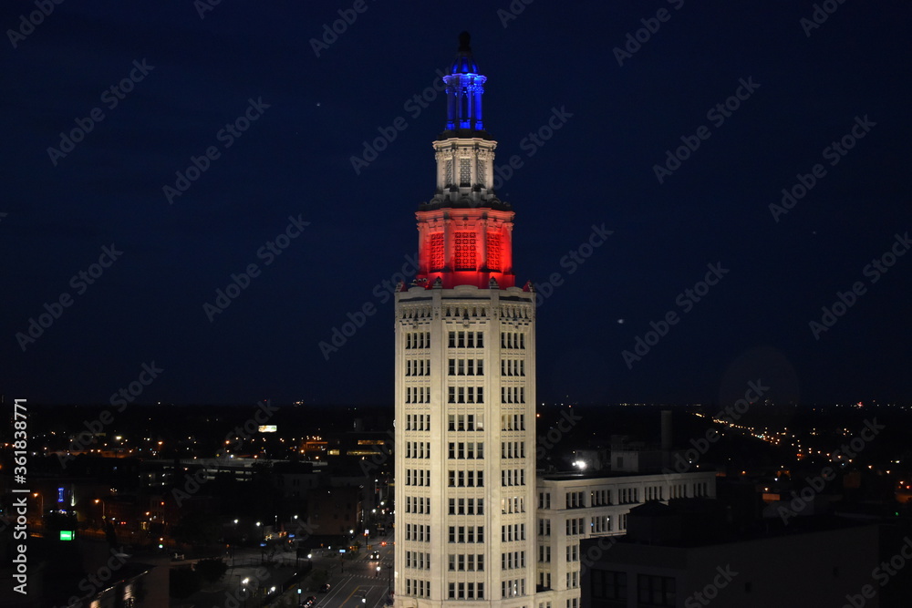The Electric Tower illuminated in red, white and blue in downtown Buffalo, NY