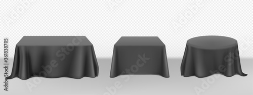 Black tablecloth on round square tables. Vector realistic mockup of empty dining desk with blank linen cloth with drapes for banquet restaurant, holiday event or dinner. Template with fabric cover