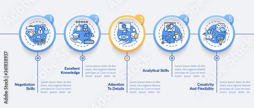 Corporate lawyer skills vector infographic template. Attorney career. Presentation design elements. Data visualization with 5 steps. Process timeline chart. Workflow layout with linear icons