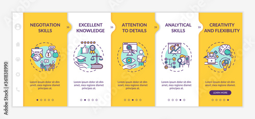 Lawyer key competencies onboarding vector template. Legal career, job position. Looking for attorney. Responsive mobile website with icons. Webpage walkthrough step screens. RGB color concept