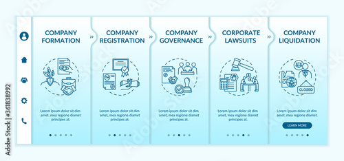 Corporation life cycle onboarding vector template. Company governance and liquidation. Corporate law. Responsive mobile website with icons. Webpage walkthrough step screens. RGB color concept