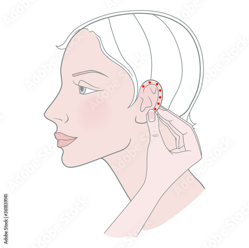 Self ear massage, acupuncture. Female head profile. Vector. Isolated on white background.