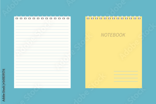 Blank empty spiral yellow Notepad, Notebook. Closed and open notebook. Vector icon in a flat style isolated on a blue background. Concept of education, learning, studying, back to school.