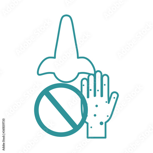 covid 19 coronavirus, avoid touching nose, prevention outbreak disease pandemic line design icon