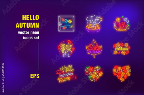 Hello autumn collection in neon style. Fall, wind, cold and leaves. Vector illustrations for luminous billboards. Season and holiday concept