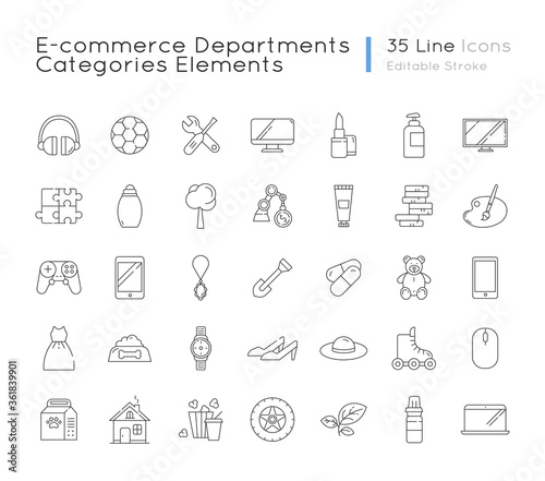 E commerce departments linear icons set. Electronic devices. Personal beauty and health care products. Customizable thin line contour symbols. Isolated vector outline illustrations. Editable stroke
