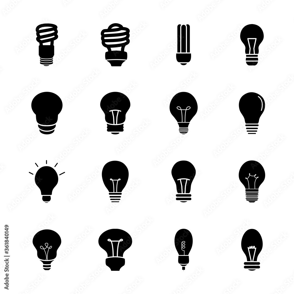 spiral bulb lights and lightbulbs icon set, silhouette style spiral bulb lights and lightbulbs icon set, silhouette style
