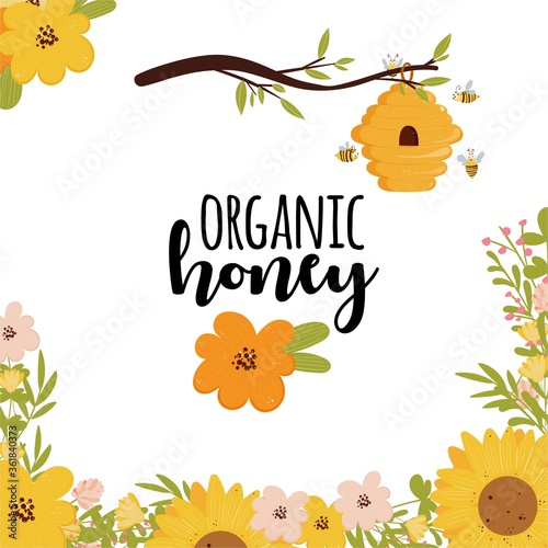 Square poster and card template with text, beehive, flower border. Vector illustration