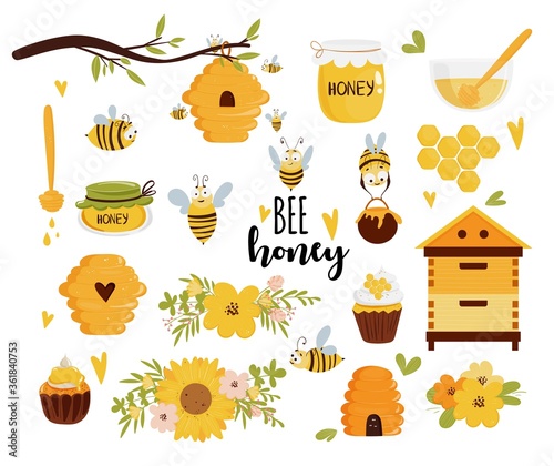 Honey and beekeeping vector set: honey jars, beehive, flowers, honeycomb, cute flying bees, decorative elements. Cute cartoon organic food collection and text label. Vector illustration