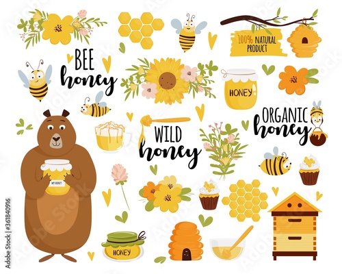 Honey and beekeeping vector set: honey jars, beehive, flowers, honeycomb, cute flying bees, decorative elements, bear holding jar, and lettering. Vector illustration