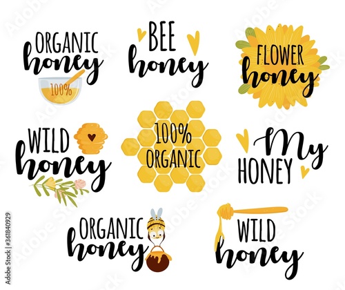 Set of honey labels with text isolated on white beackground. Vector illustration