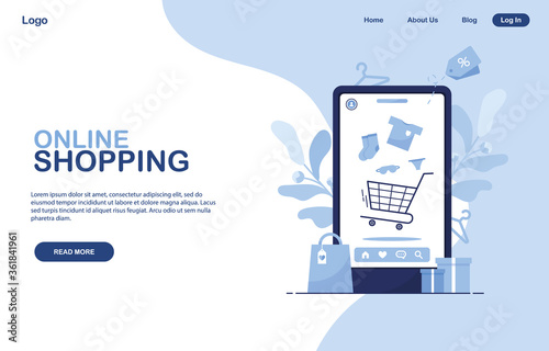 Template Online Shopping banner. Landing page. Order via phone. Internet store. E-commerce marketing. Buy it now. Purchases from home. Cart, truck with things. Website page. Blue. Eps 10