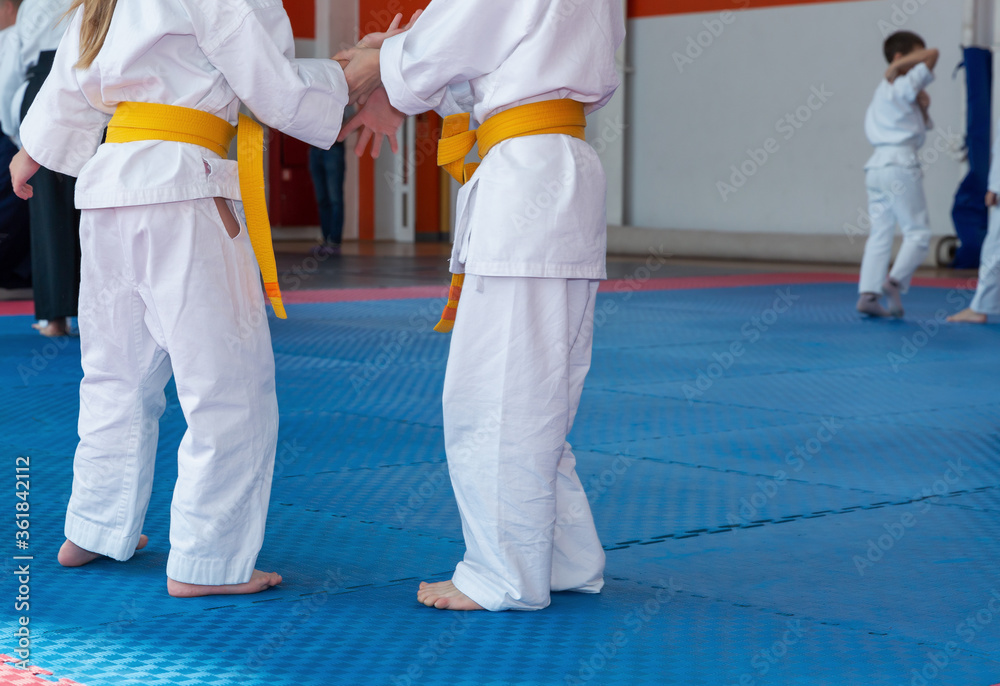 Children in kimono are training on tatami Children in kimono are training on tatami